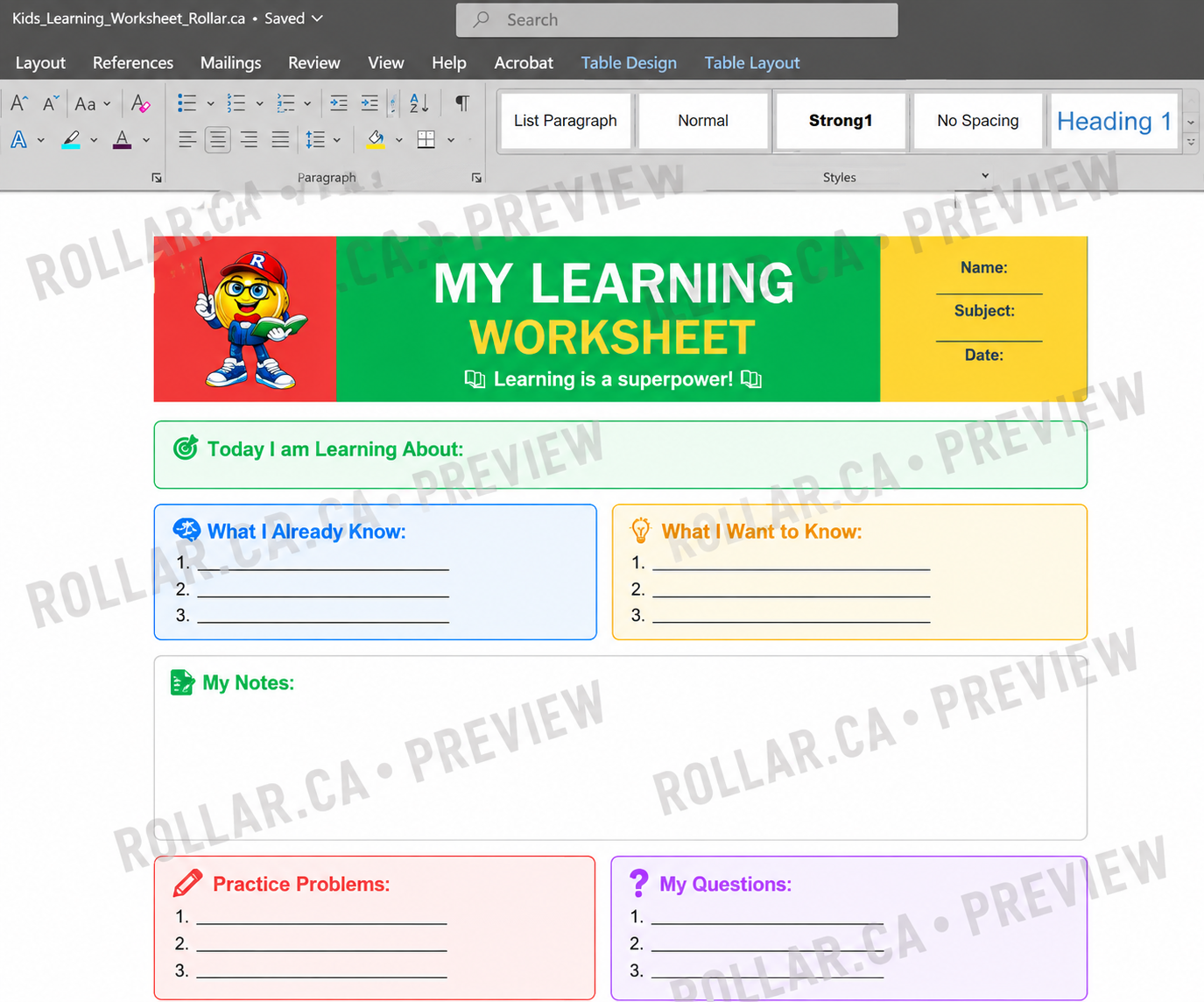 Learning Worksheet Kids