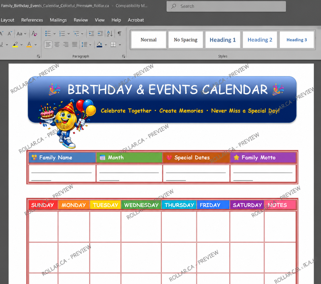 Birthday & Events Calendar