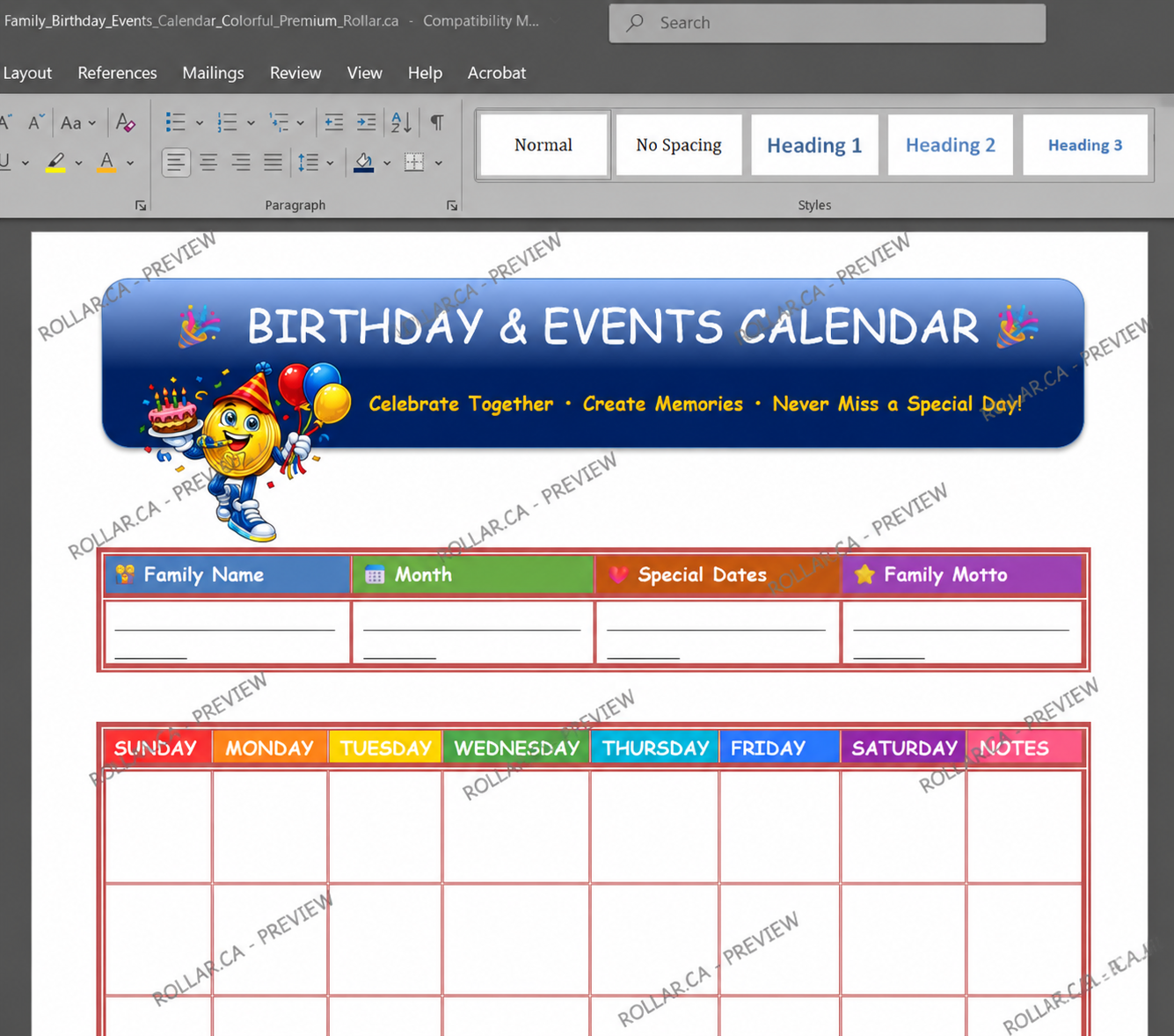 Birthday & Events Calendar