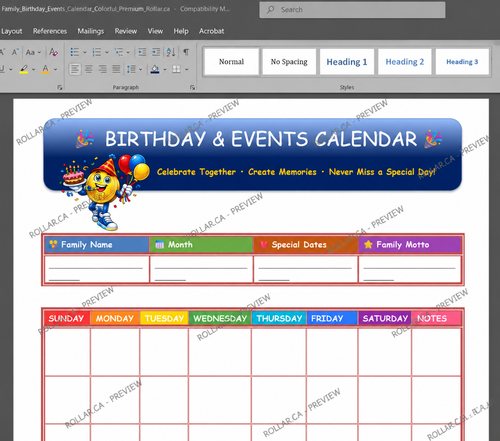 Birthday & Events Calendar