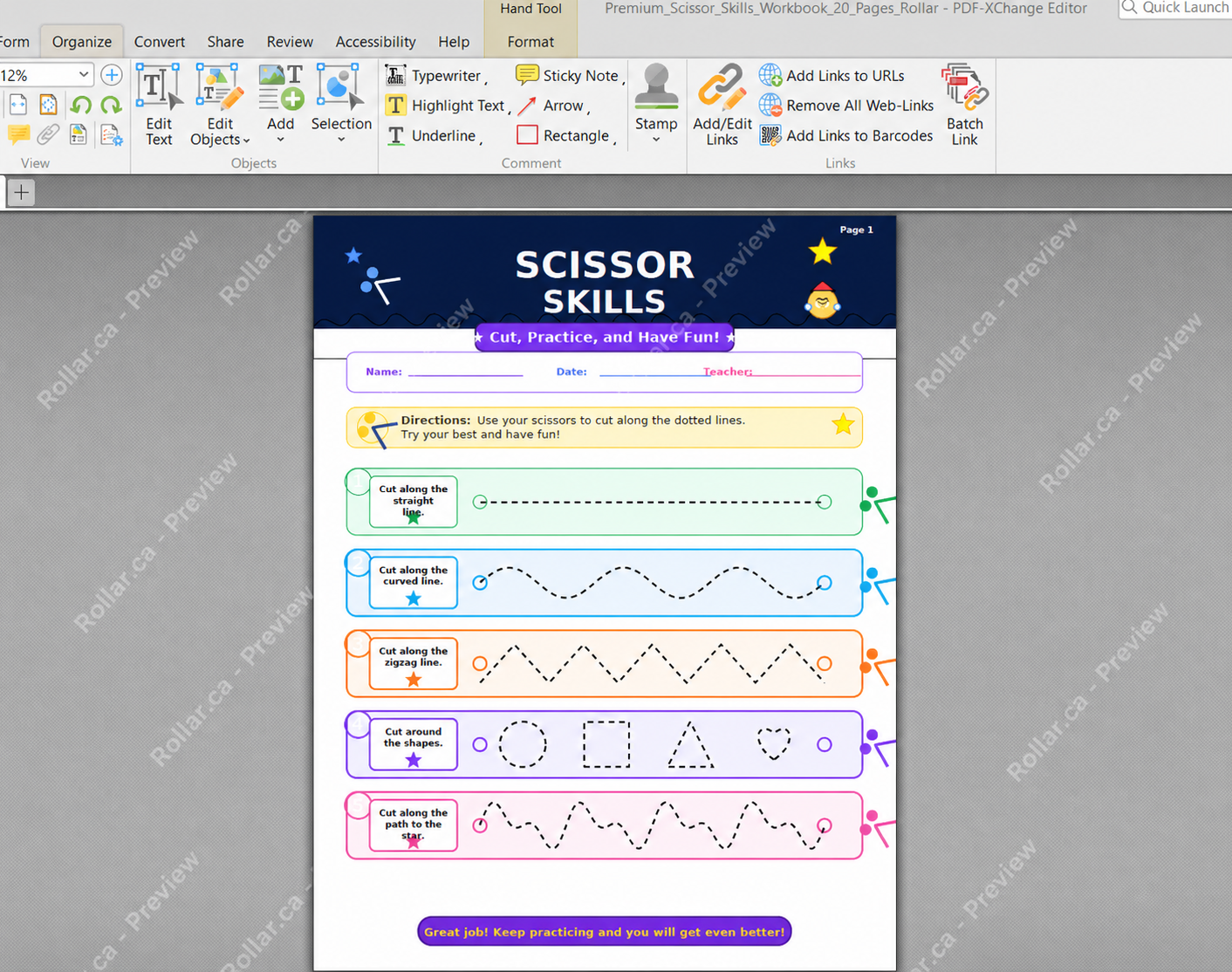 Scissor Skills Workbook - 20 Pages